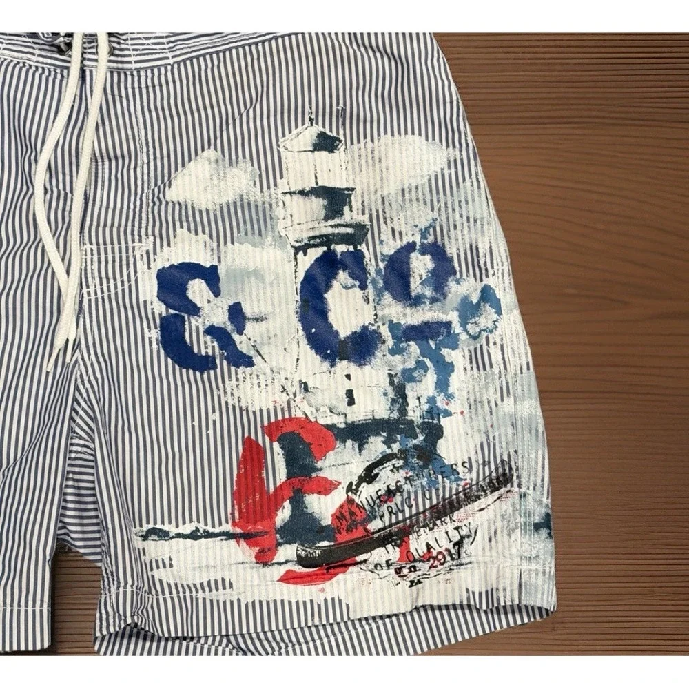 Polo Ralph Lauren Swim Trunks Mens Large Striped Nautical Lighthouse‎ Sailing